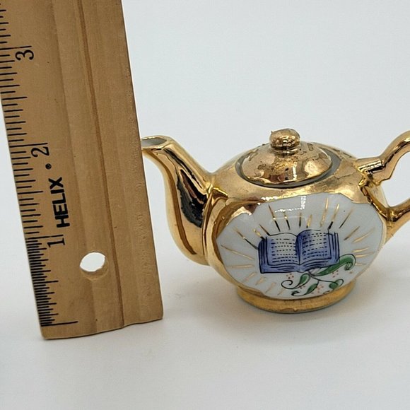 Miniature Teapot And Teacup Vintage Bible Print Religious Gold Plate Doll Teapot - Picture 10 of 12